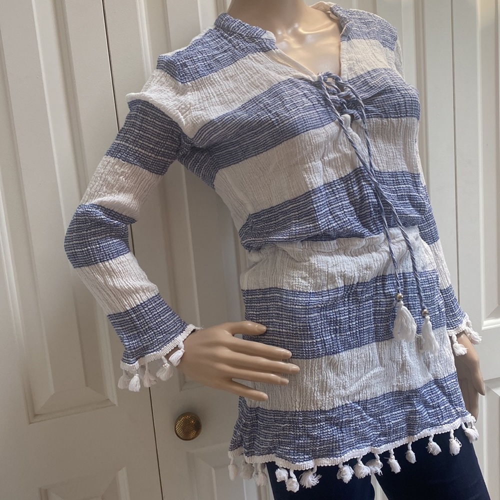Blue Island Womens L Boho Fringe Long Sleeve Top. Blue and White stripes. - Picture 2 of 12